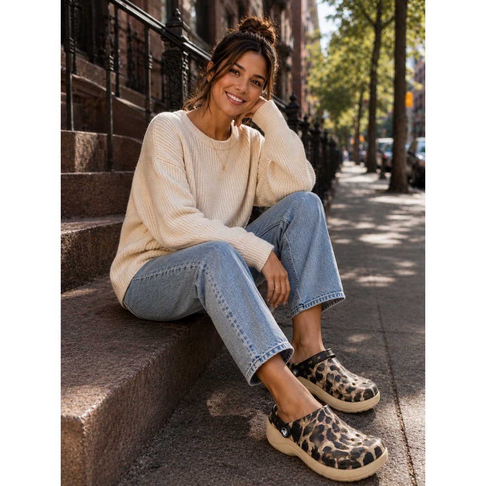 Crocs Classic Platform Clog Leopard Print Animal Pattern Womens Size 6 Tan Black